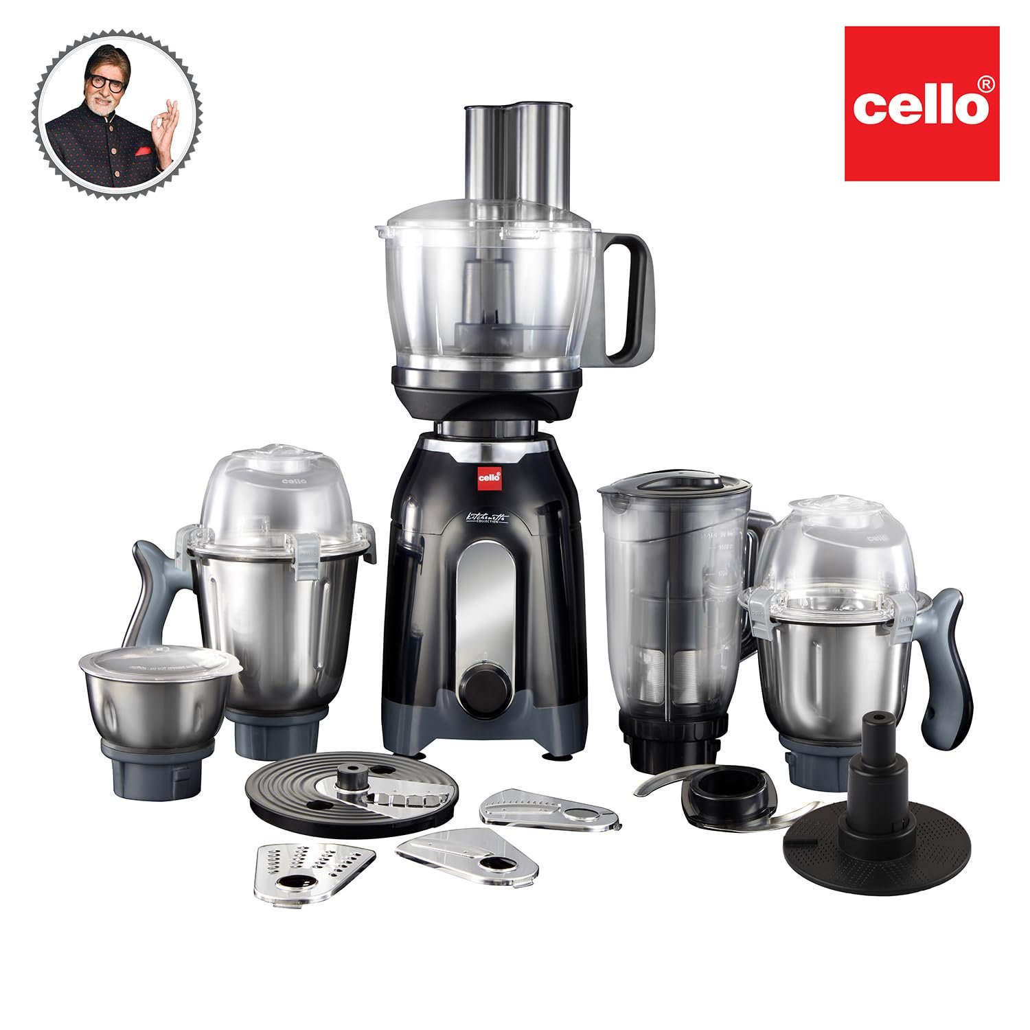 Cello Discovery Chef Mixer Grinder 5 Jars, 1000Watts | Chutney Jar, Wet Jar, Food Machine, Juicer Jar, Dry Jar | Stainless Steel Jars and Sturdy Body | 6 Additional Attachments